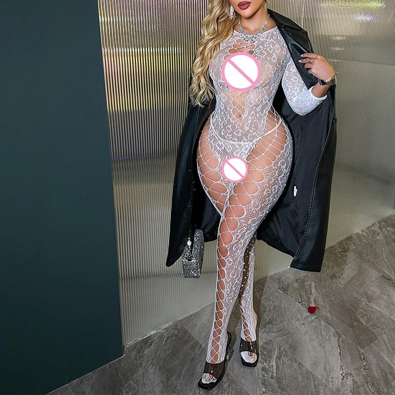 Embellished Sexy Lingerie Mesh Bodysuit Long-Sleeved Tight-Fitting Nightgown