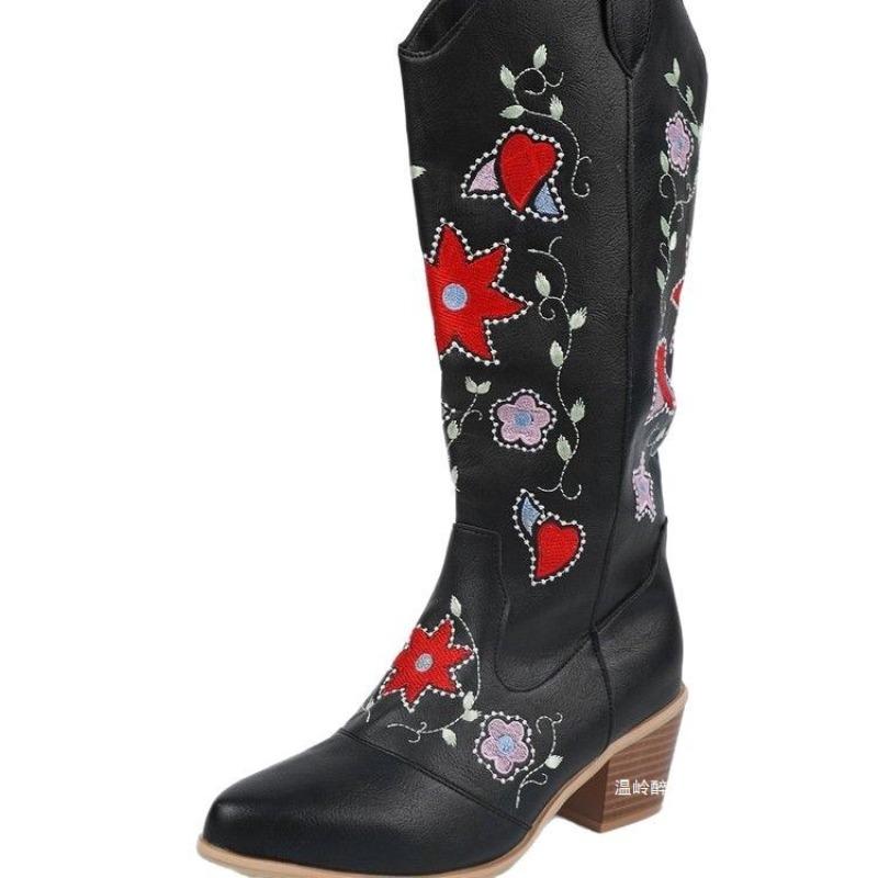 Autumn new European and American style mid-heel embroidered high boots women's large size embroidered thick heel leather knight cowboy boots
