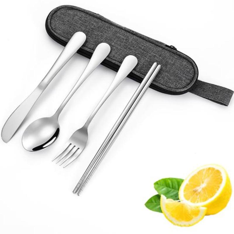 Stainless Steel Cutlery Set 4-Piece Retro Tableware Fork Spoon Chopsticks Knife with Storage Bag Mirror Polished Dishwasher Safe Cutlery Set