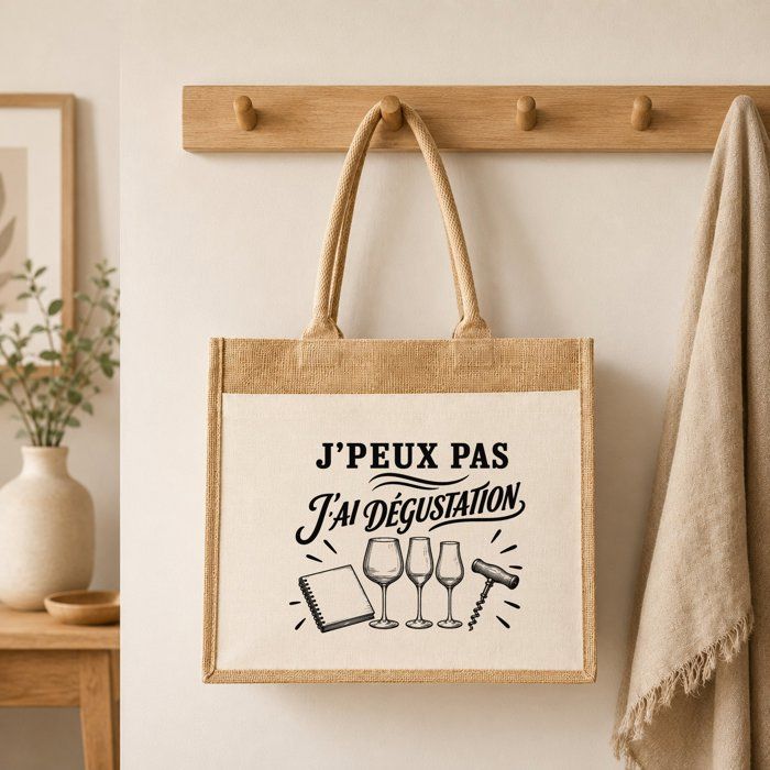 Sac Cabas Jute avec Poche J’peux pas j’ai Dégustation J'peux pas minimaliste | Toile de Jute et Coton 21 L Fond Plat Anses 65 cm