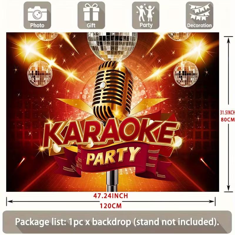 Sfondo Festa Karaoke Oro Rosso con Microfono e Sfere da Discoteca