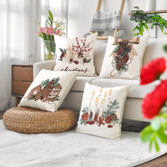 Рождественская наволочка с сосновой шишкой, подсвечник, льняная наволочка с принтом, диван, гостиная, спальня