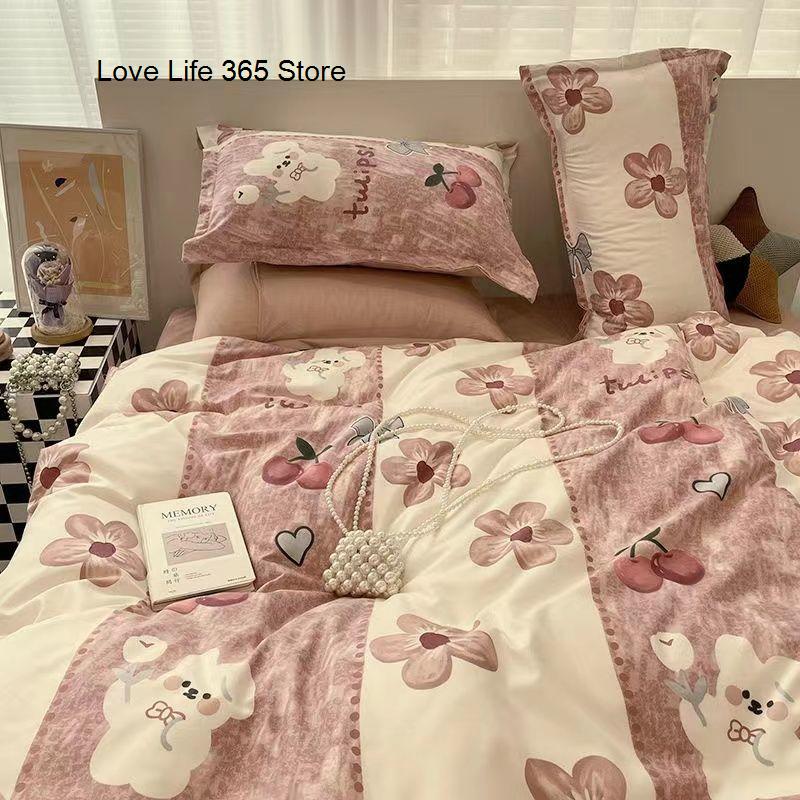 INS Pink Solid Color Bedding Set Girls Boys Single Double Size Flat Sheet Duvet Cover Pillowcase Bed Linens Home Textile