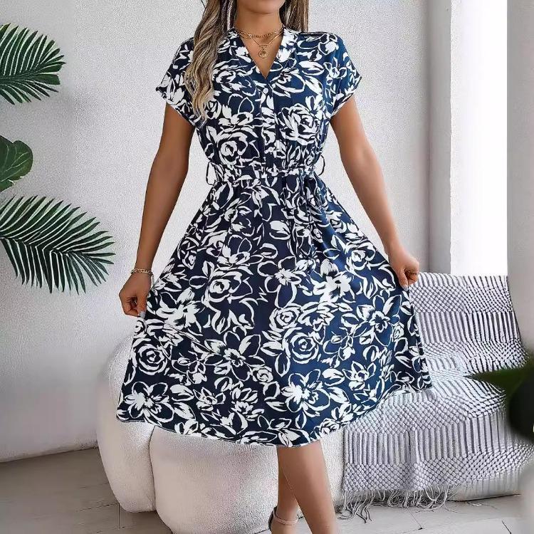 Women Summer V Neck Knee Length Pleated Print Belt Fashion Dress