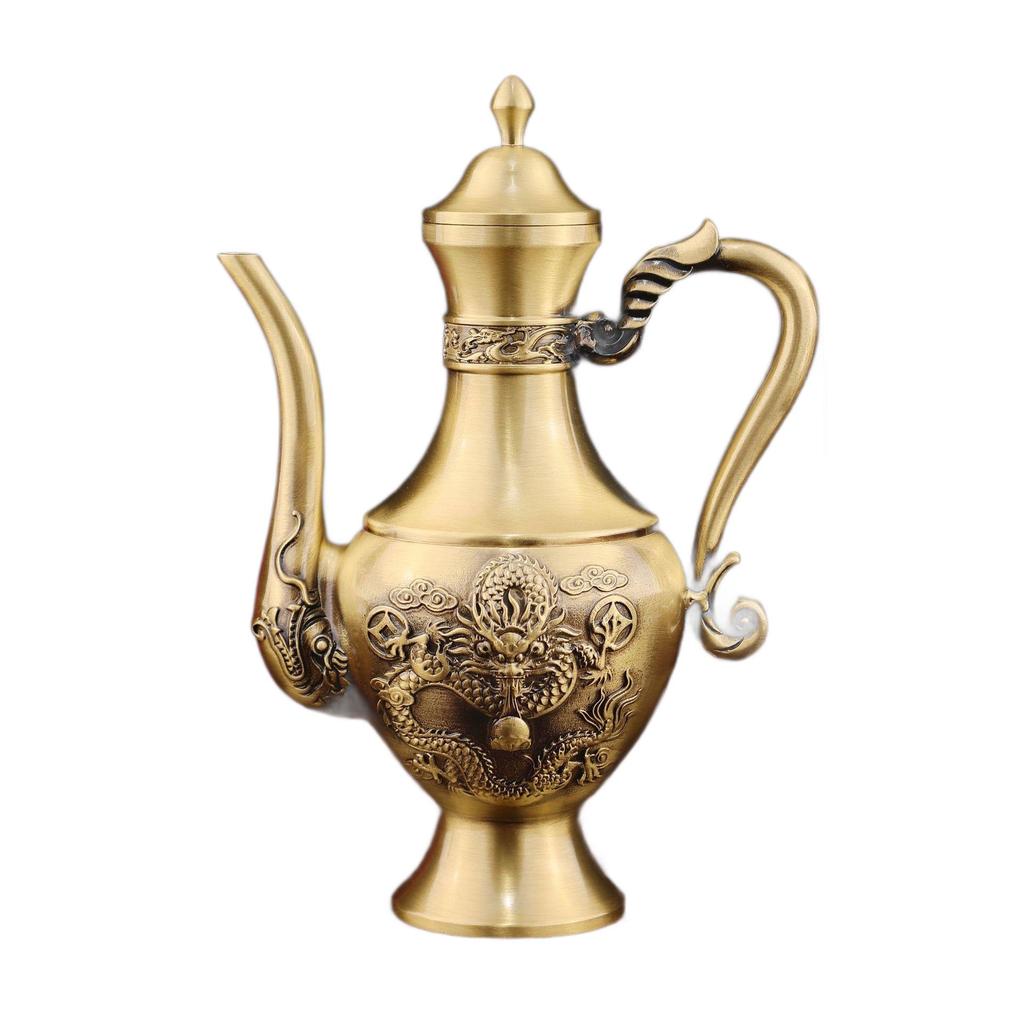 Brass Dragon Wine Pot with Auspicious Cloud Design - Household Metal Wine Set and Home Decor.