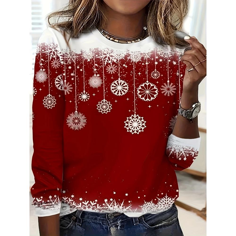 3D Print Snowman Women's Crew Neck T-Shirt, Casual Long Sleeve T-Shirt For Spring Women's Clothing Pullover