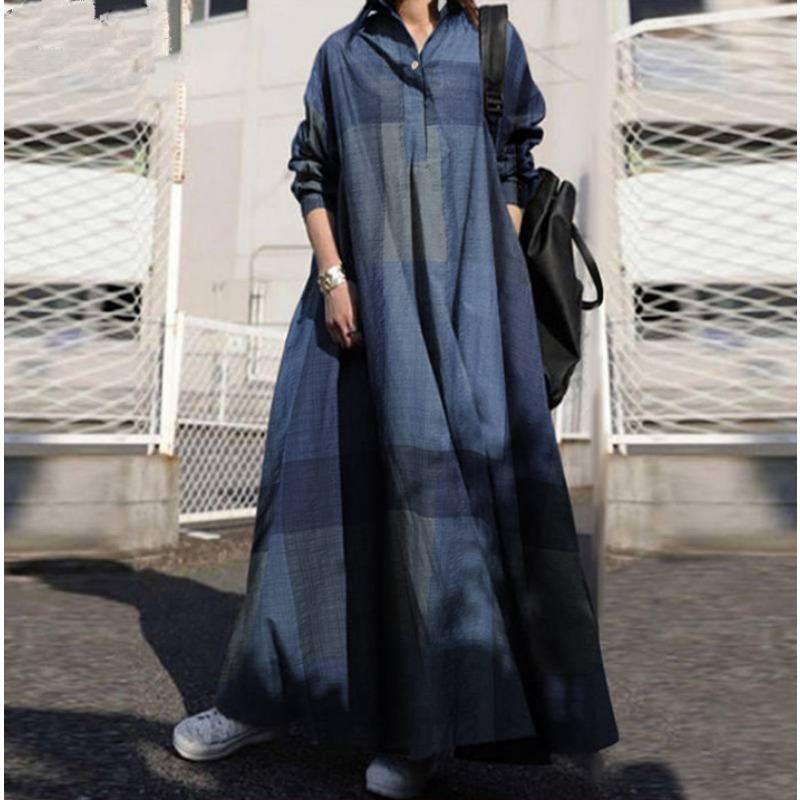 

Loose Checkered Print Large Swing Dress Large Size Long Sleeve Spring Fashion A-line Long Dress Retro Ethnic Style Casual Elegant Party Clothing 5XL синій