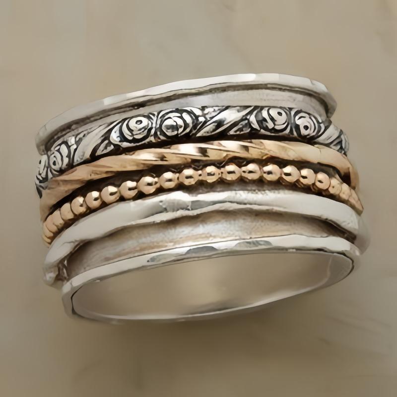 Vintage Hand Carved Geometry Women's Ring Two Color Metal Geometry Daily Wear Party Jewelry Anniversary Gift