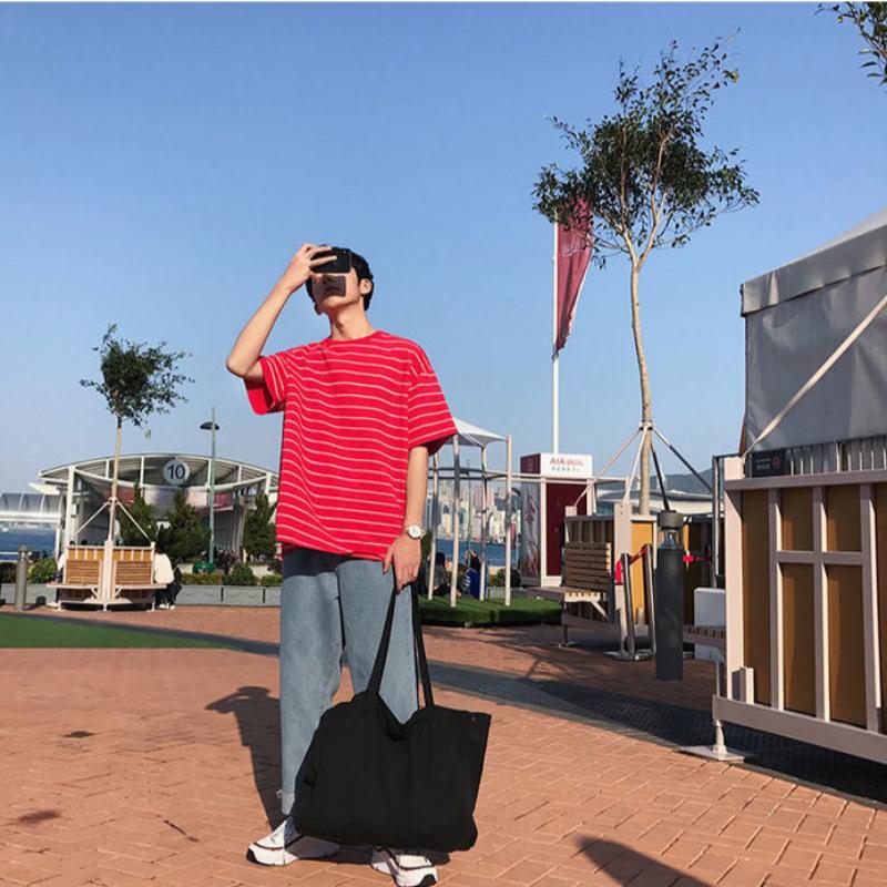 WTEMPO Brand Summer Men's Striped Short Sleeve Top Loose and Simple Fashion Short Sleeve T-shirt Youth Trend Round Neck Pullover Tops