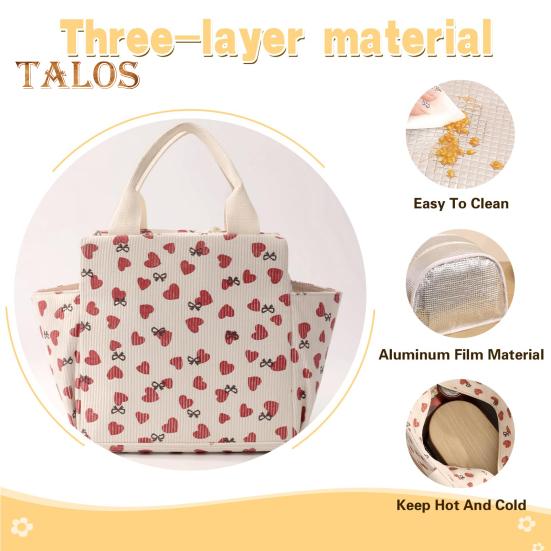 Corduroy Lunch Bag with Handle Waterproof Large Capacity Reusable Insulated Lunch Box Water Bottle Holder with Side Pockets