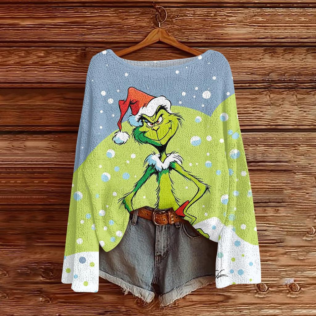 Women's Fashion Round Neck Long Sleeve Christmas Print Casual Knit Pullover Top