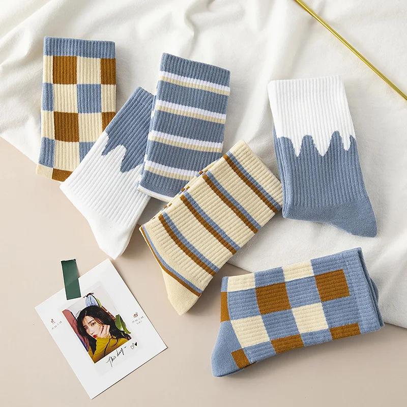 5 Pairs/Pack Kawaii Women Socks Harajuku Trend Women Checkered Stripe Bule Socks Girl Cotton Socks