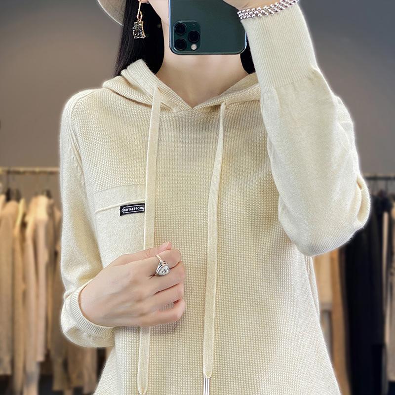 DAFIFY Women's Fashion Casual Fall Winter Solid Color Print Long Sleeve Hooded Sweaters