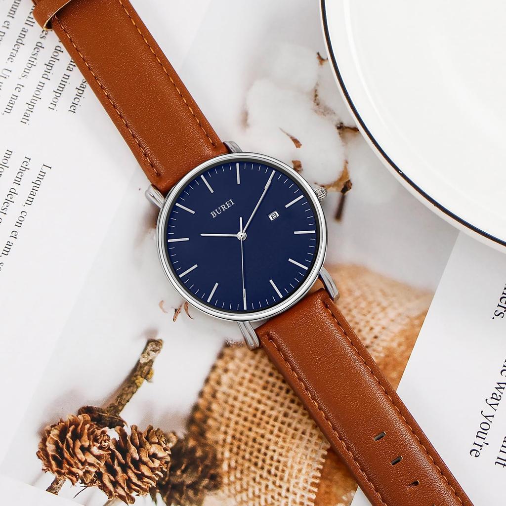 BUREI Leather Popular Simple Perfect for Commuting Men's Watch, Brand, Analog, Waterproof, Stylish, (Blue-Brown) [Used]