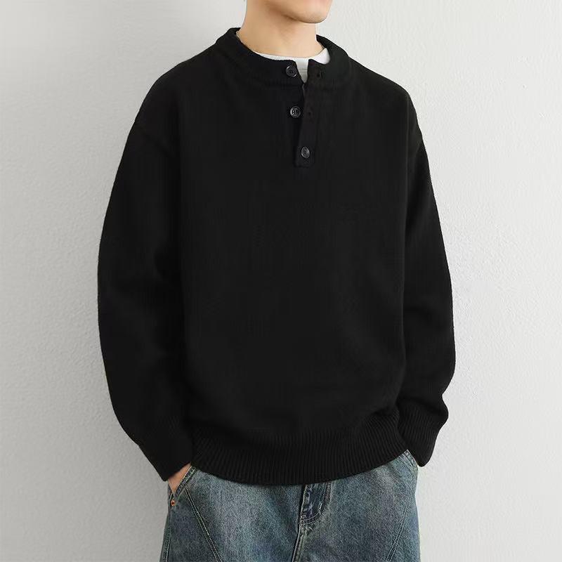 

Autumn-Winter Henley Neck Men s Solid Color Retro Knit Sweater L [115-125 lbs]