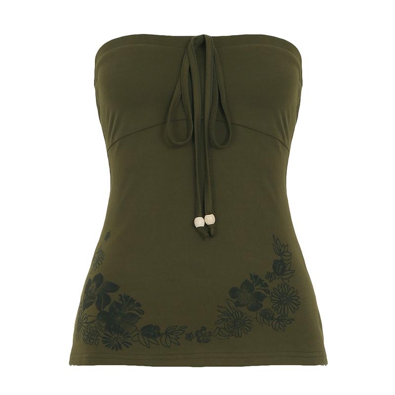 

2KWEIRD Повсякденний святковий стиль Жіночі топи на бретелях З відкритими плечима Бант На шнурівці Приталені З квітковим принтом Модні трендові блузи M зелений