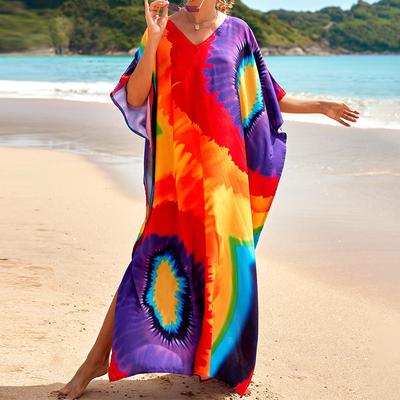 Women's Boho Cover Up, Plus Size Contrast Loose Fit Vacay Beach Kaftan Dress