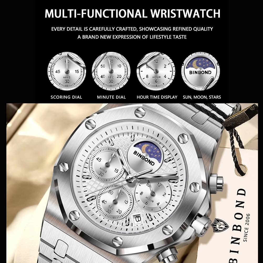 Luxury Quartz Watches For Men Luminous Waterproof Men's Watch Moon Phase Chnorograph Wrist Watch Relogios Masculinom