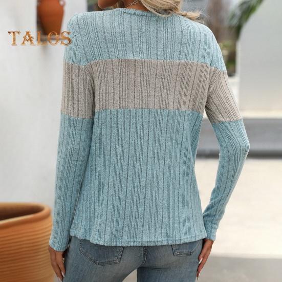 Dámské topy s kulatým výstřihem, dlouhým rukávem, barevný blok, žebrované pletací topy, volný střih, ležérní, svetrové topy, denní nošení