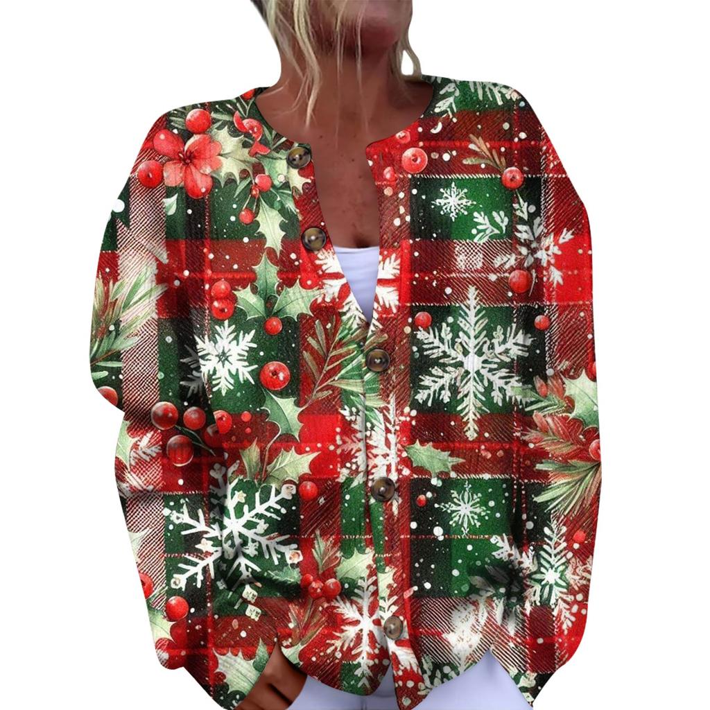 Women's Fashion Christmas Printed Long Sleeve Knitted Cardigan Button Down Jacket