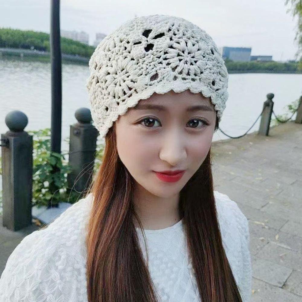 Bonnet tricoté creux à fleurs, pare-soleil respirant, Skullies, pour femme