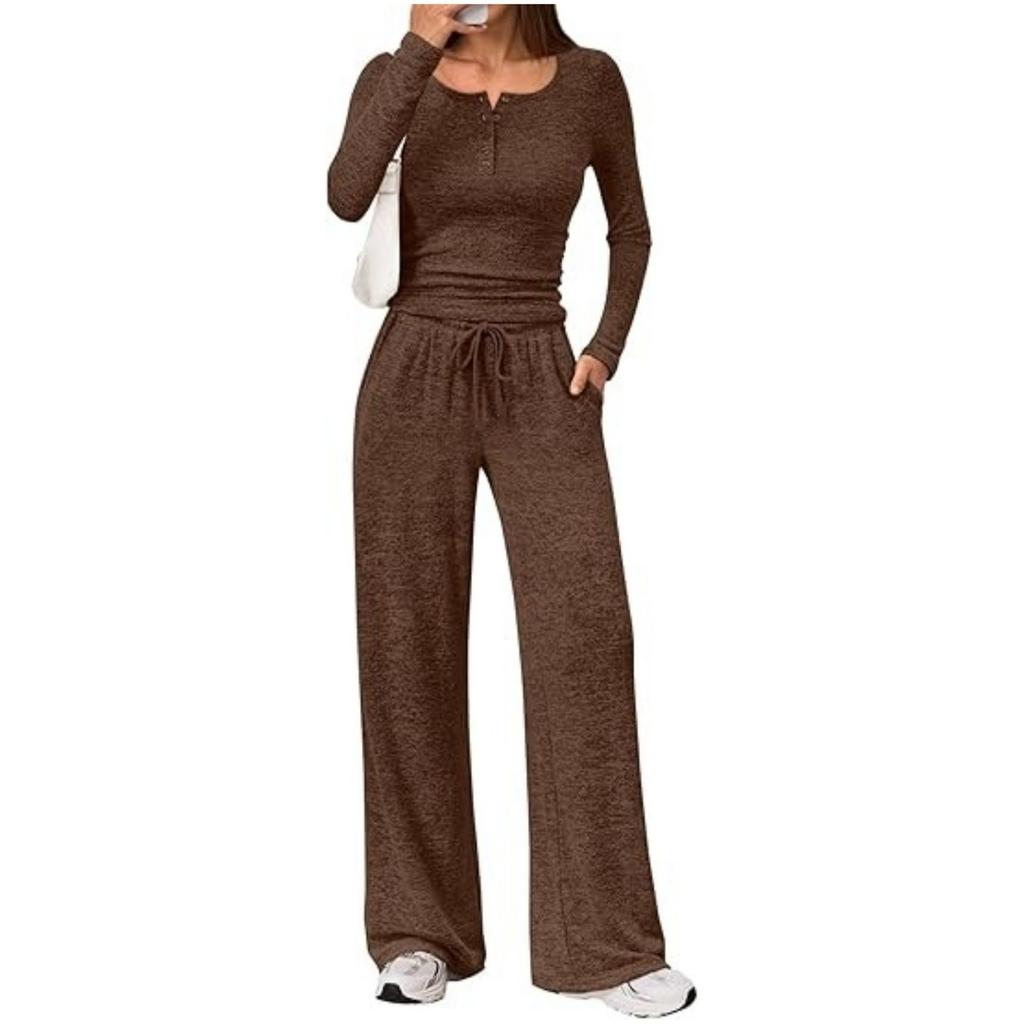 Damen 2-teiliges Outfit für Herbst und Winter, Oberteil mit Rundhalsausschnitt und halber Knopfleiste, Lässiges Set mit elastischem Bund, Taschen und weiten Hosen