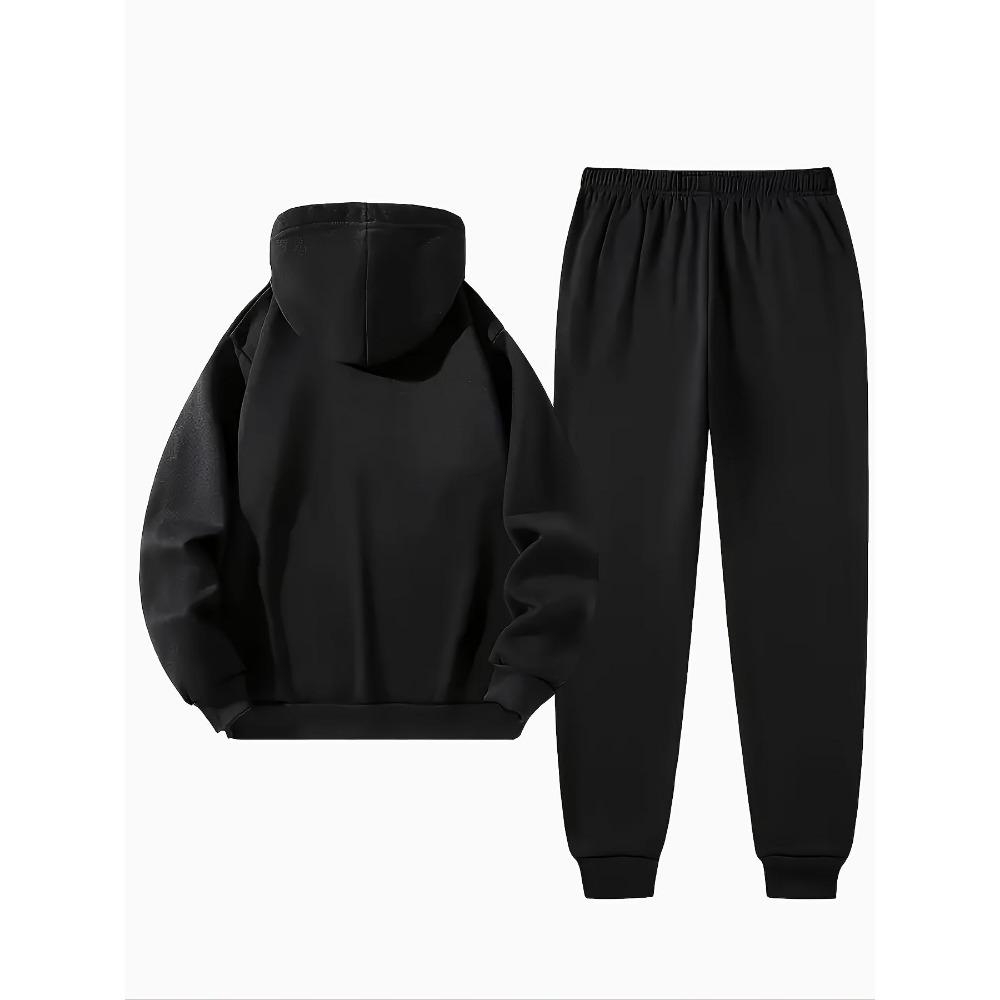 Autumn and Winter Men's Thick Wool Hooded Sweatshirt and Sports Pants Set, Made of Polyester Fabric, Featuring Bee Letter Pattern Printing Set
