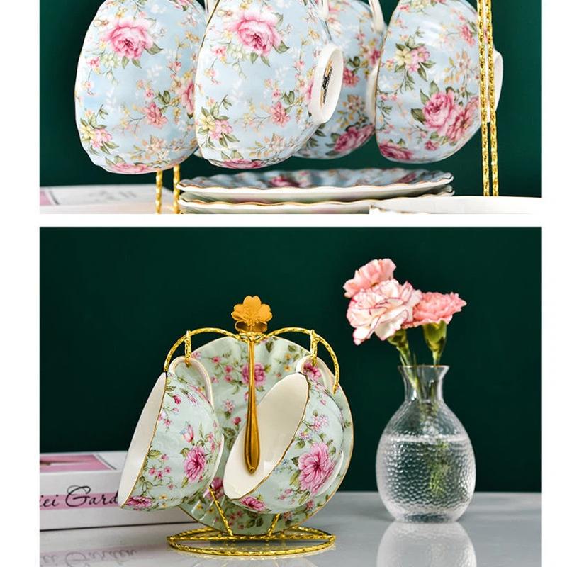 European Bone China Coffee Cup Set – Porcelain Cup, Saucer & Spoon Flowers Tea Set