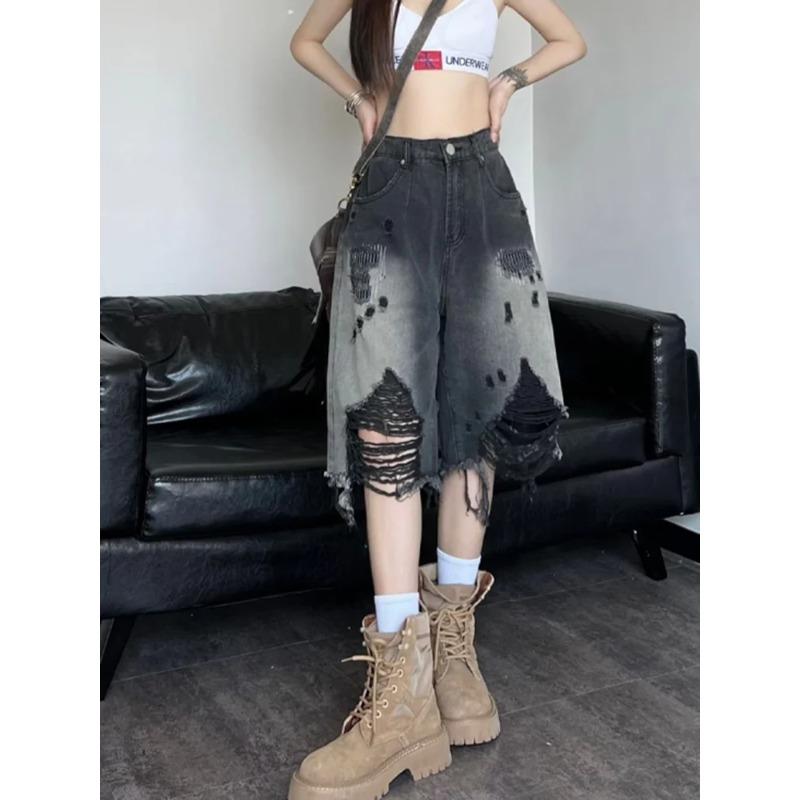Shorts in Denim con Fori Harajuku Y2K Donna Streetwear Vintage Shorts Jeans Sfumati Shorts con Design Retro Americano Hip Hop