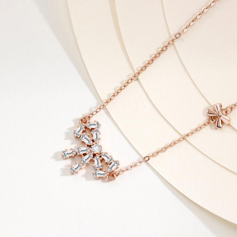 925 Sterling Silver Bow Necklace for Women - Versatile, Elegant, and Stylish Rhinestone Pendant 925 Silver розового золота