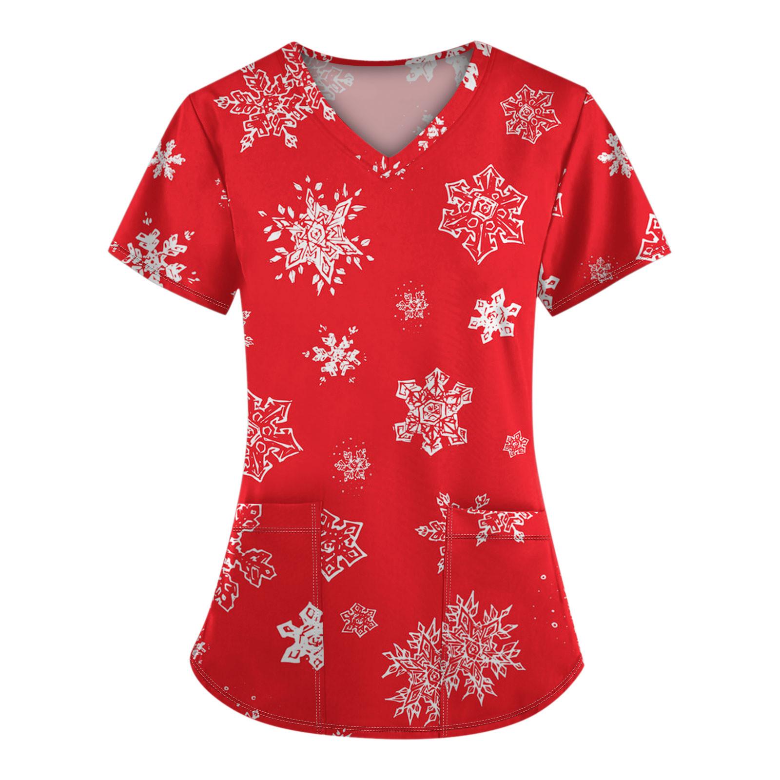 

Женская модная футболка с коротким рукавом и V-образным вырезом, карманом и рождественским принтом L