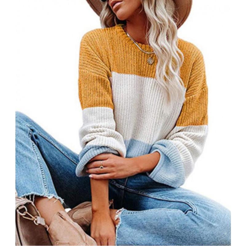 Womens Winter Loose Knit Sweater With Color Block Lantern Sleeves Round Neck Long Sleeve