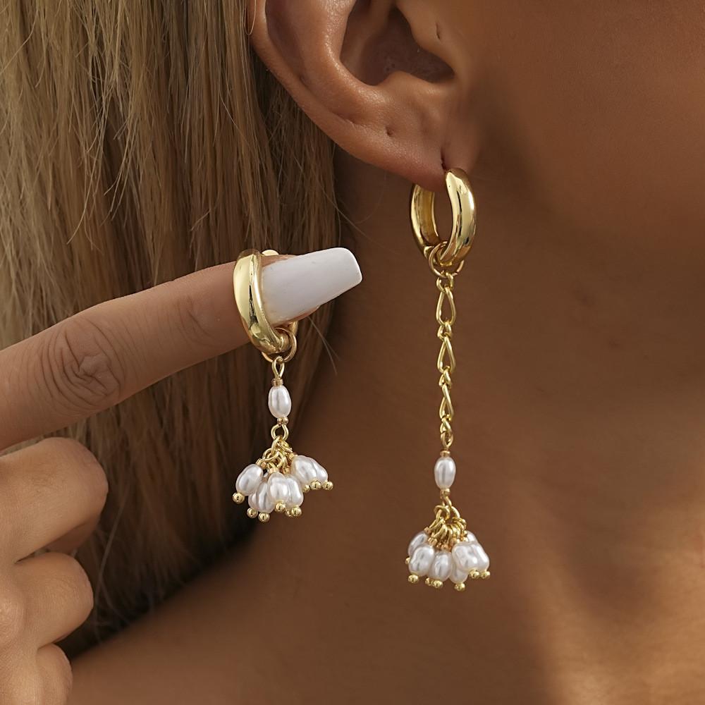 Faux Asymmetrical Modern Pearl Earrings For Women Gold Plated Geometric Design