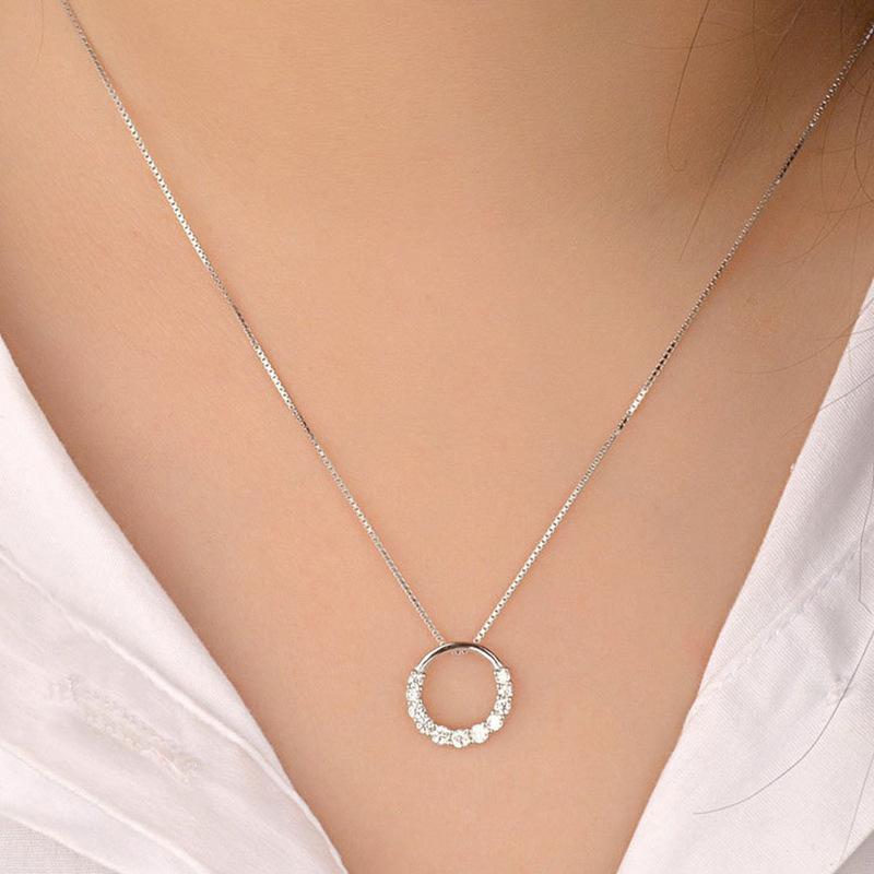 S925 Sterling Silver Round Zircon Women's Noble Pendant Necklace Set Korean Style Simple Women's Short Clavicle Necklace