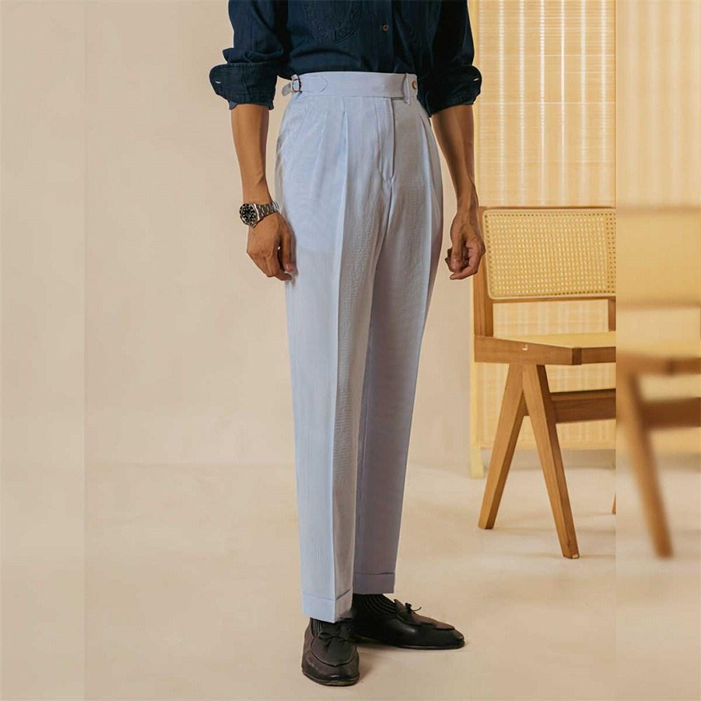 

Мужские полосатые брюки с высокой талией — повседневный, летний деловой стиль с пряжкой Paris 34【155-165 kg】