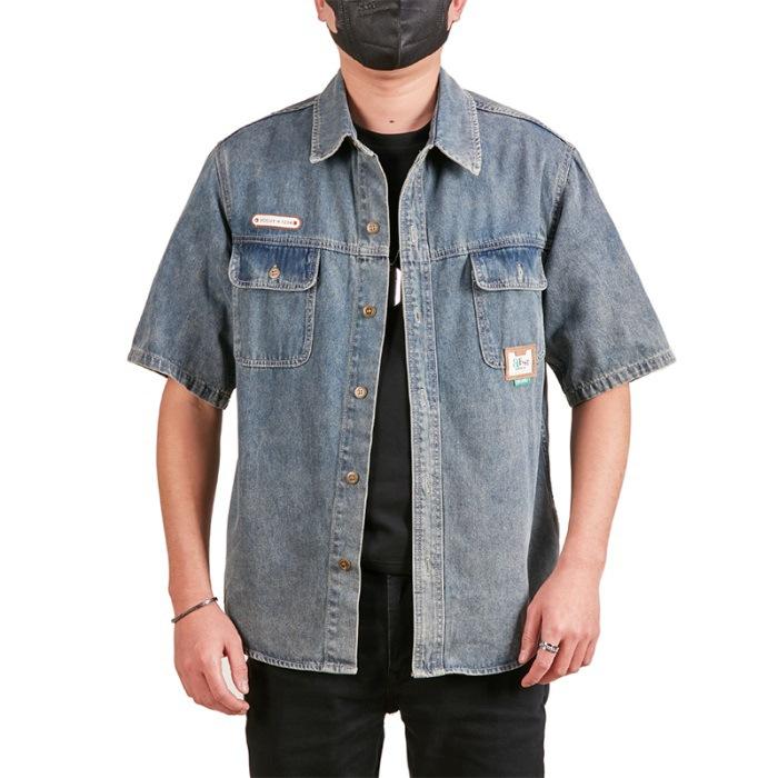 

Джинсовая вышитая рубашка с коротким рукавом для мужской весны, новая мужская куртка, повседневная студенческая рубашка 5XL