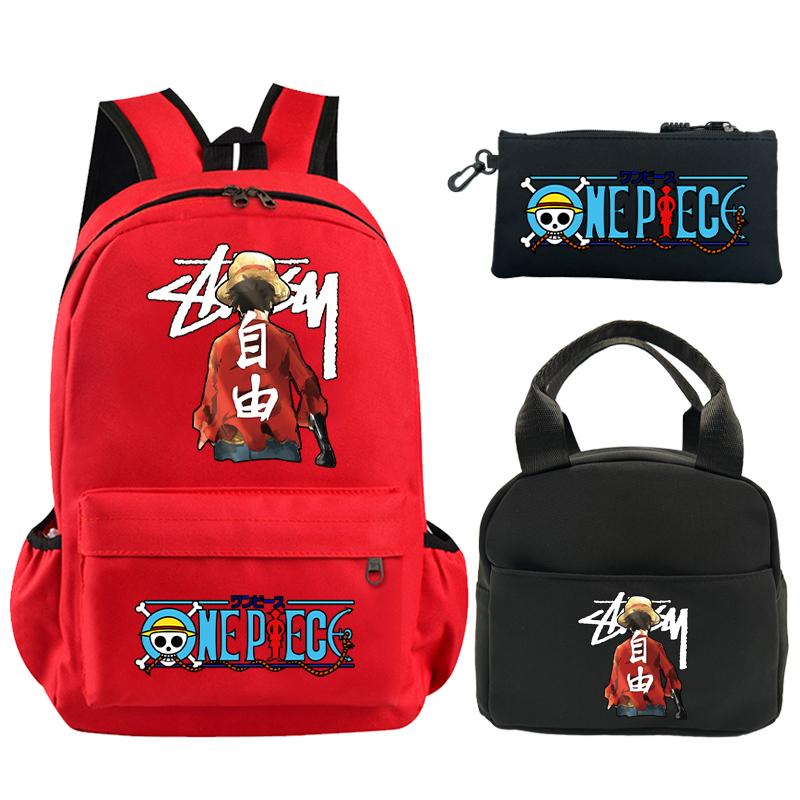 3Pcs/set Anime One Piece Anti Theft Bag with Lunch Bag Pencil Case Supplies Stationery for Girl Boy Back To School Wear-Resisting Leisure Bag Mochila