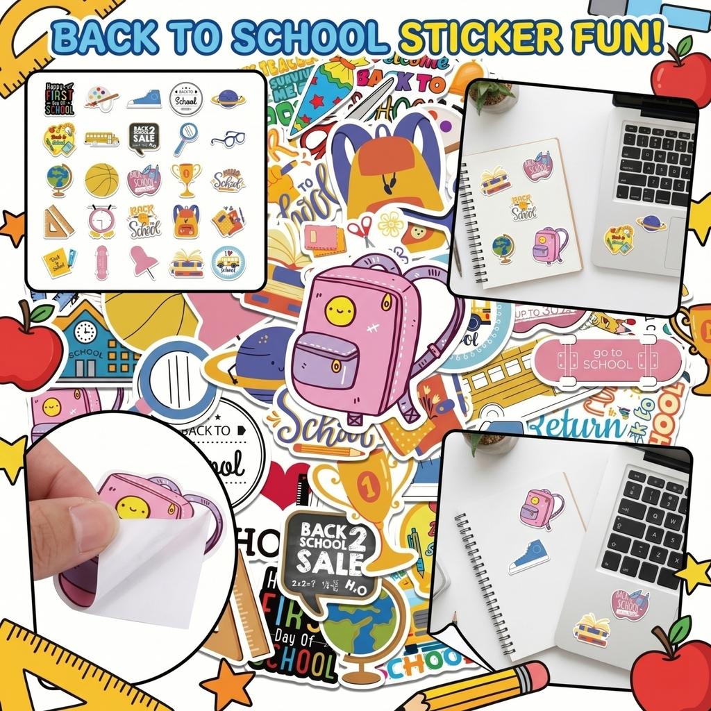 50 Pieces Back To School Stickers DIY Office Stationery Decoration Waterproof Kids Reward Stickers Fun Educational Supplies