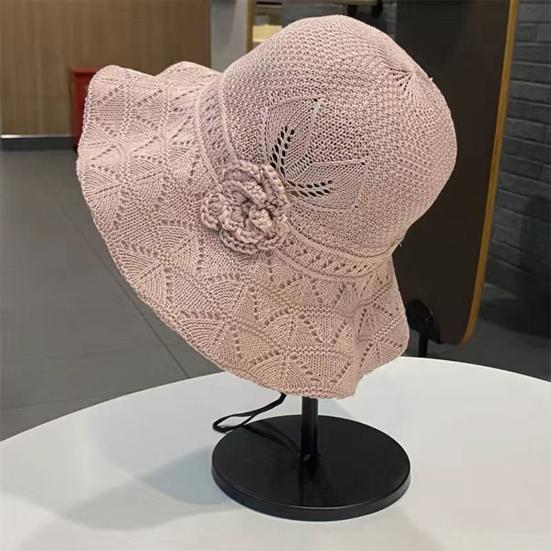 Fisherman Hat with Flower Detail, Wide Brim Glitter Bucket Hat, Knit Design Adjustable Drawstring Knit Hat, Lightweight Sun Hat for Travel Beach