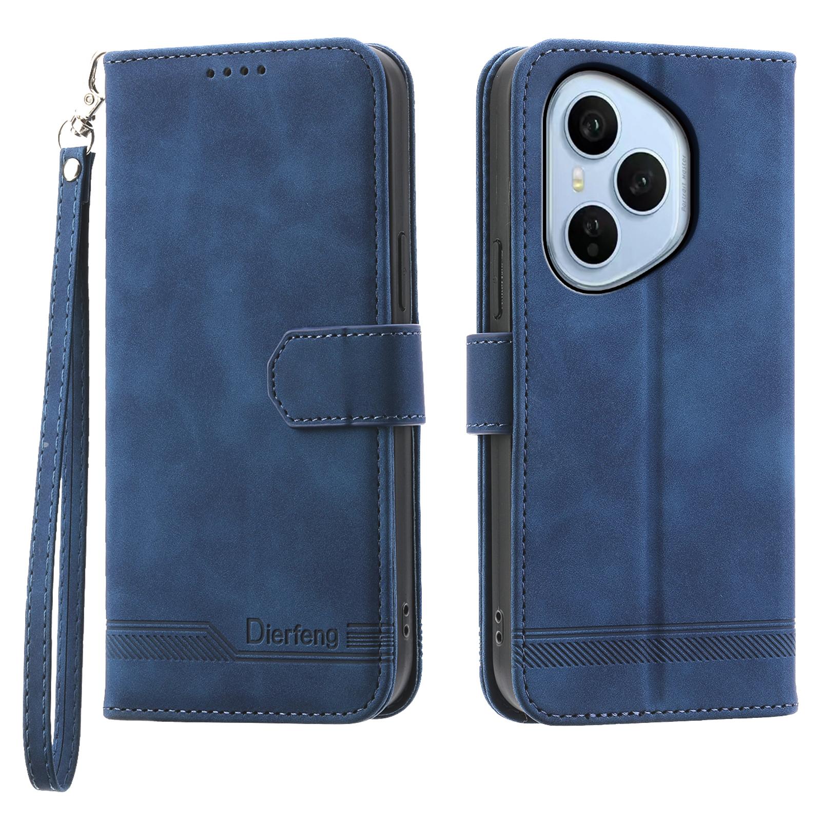 

DIERFENG DF-03 For Honor 400 Pro 5G (Global) Case Lines Imprint Wallet Leather Phone Cover with Wrist Strap Blue