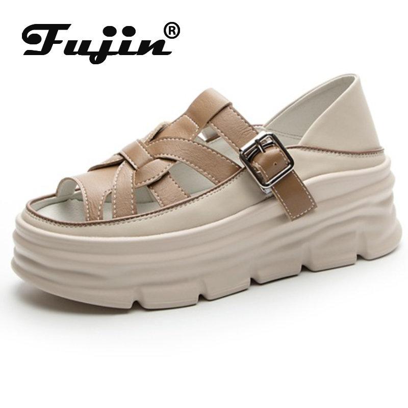 

Fujin/женские массивные кроссовки из натуральной кожи 6 см, сандалии на платформе, босоножки на танкетке, дышащие тапочки, летняя обувь с открытым носком, полые 33 бежевый
