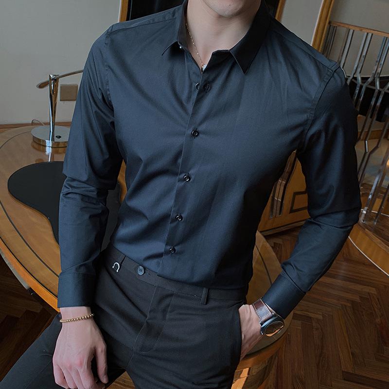 2021 Spring/Autumn Men's Iron-Free Long Sleeve Shirt - Youth Business, Solid Color, Turn-Down Collar.