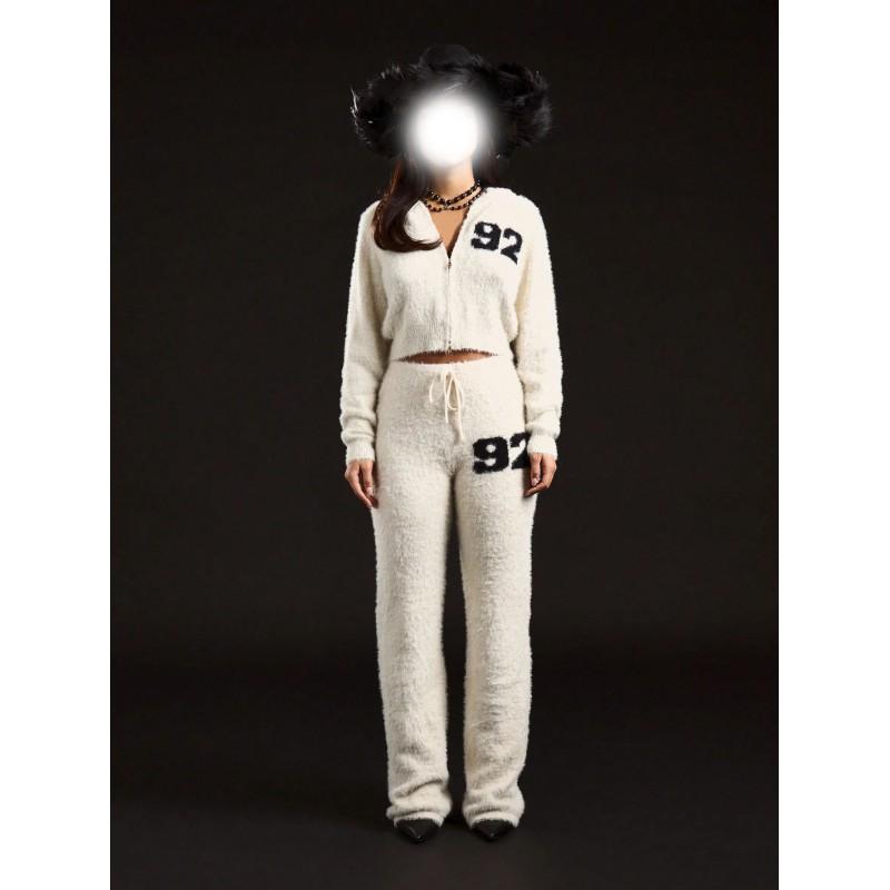 Womens Winter Streetwear Hooded Zip-Up Cardigan Matching Jogger Set Digital Jacquard Knit Casual Outfit