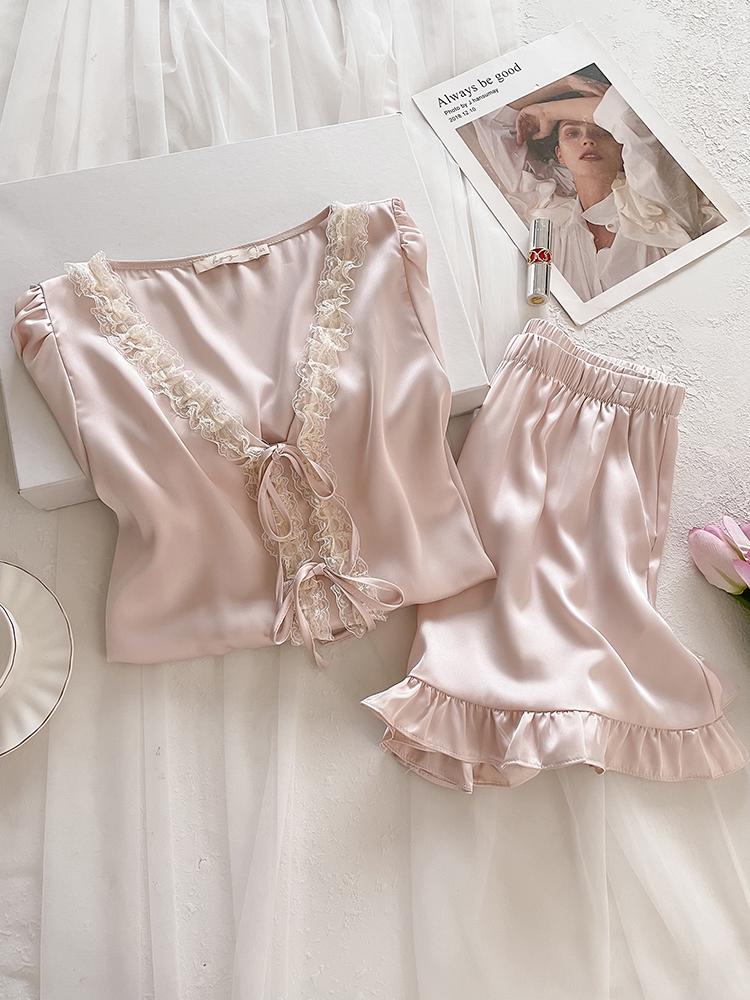 

Sweet Princess Silk Pajama Set: Women s Short Sleeve Top & Shorts, Solid Color, Mulberry Silk, Lightweight Summer Homewear Large (115-130 jin) розовый