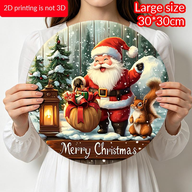 2D Flat, 1pc Rustic Farmhouse Round Aluminum Hanging Sign - Vintage Santa & Squirrel Christmas Holiday Decoration for Door/Wall Ornament, Suitable