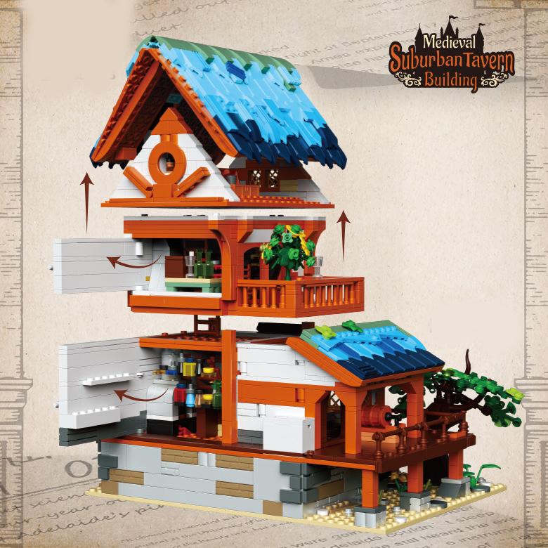 Mittelalterliche Schlossarchitektur Mikro-Bausteine Haus Straßenansicht Bauernstadt Schmiede Hotel MOC Kreative Fahrzeugspielzeuge