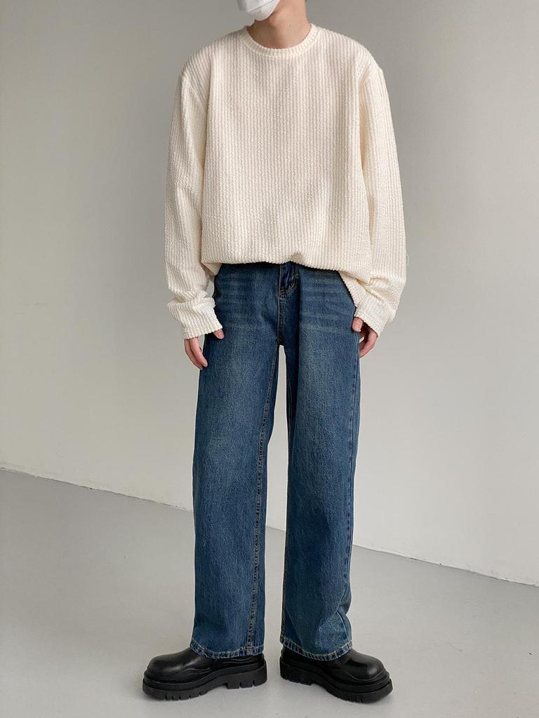 Herren Japanisches Texturiertes Gestreiftes Langarm Herbst Freizeit T-Shirt