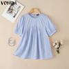 VONDA Women Summer O-neck Short Sleeve Lace Hem Casual Ruffled Blouse