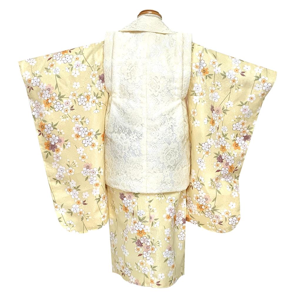 3 Years Old Girl Kimono Set Lace Cover Set Festival Peach Festival and Light Weeping Cherry [Muromachi-st.] Shichi-Go-San Doll's "Light Yellow,