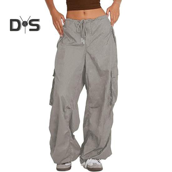 Dámské cargo kalhoty nastavitelné stahovací šňůrkou široké nohavice letní kalhoty s mnoha kapsami nízký pas jednobarevné dlouhé kalhoty